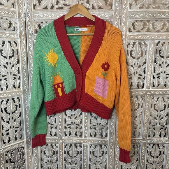 Zara Cardigan Sweater Womens Medium Colorful Fun Kidcore Embroidered Tight Knit - Picture 1 of 10